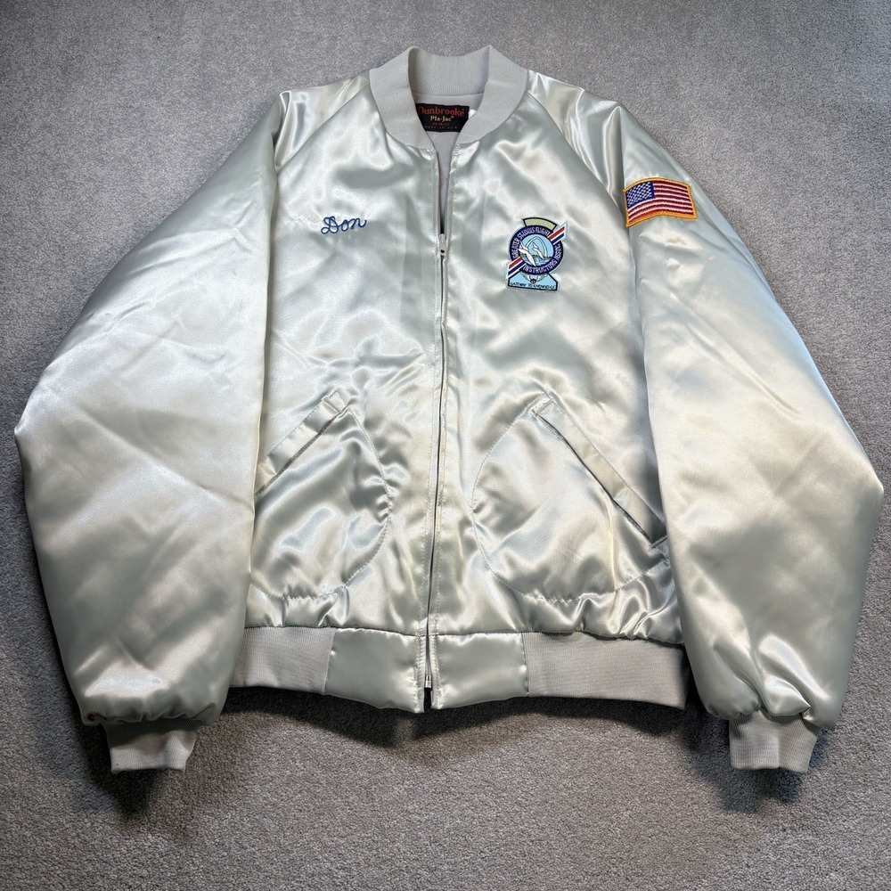 1970s Dunbrooke Pla-Jac Bomber Jacket Satin Silver Aviation Patches Mens XL